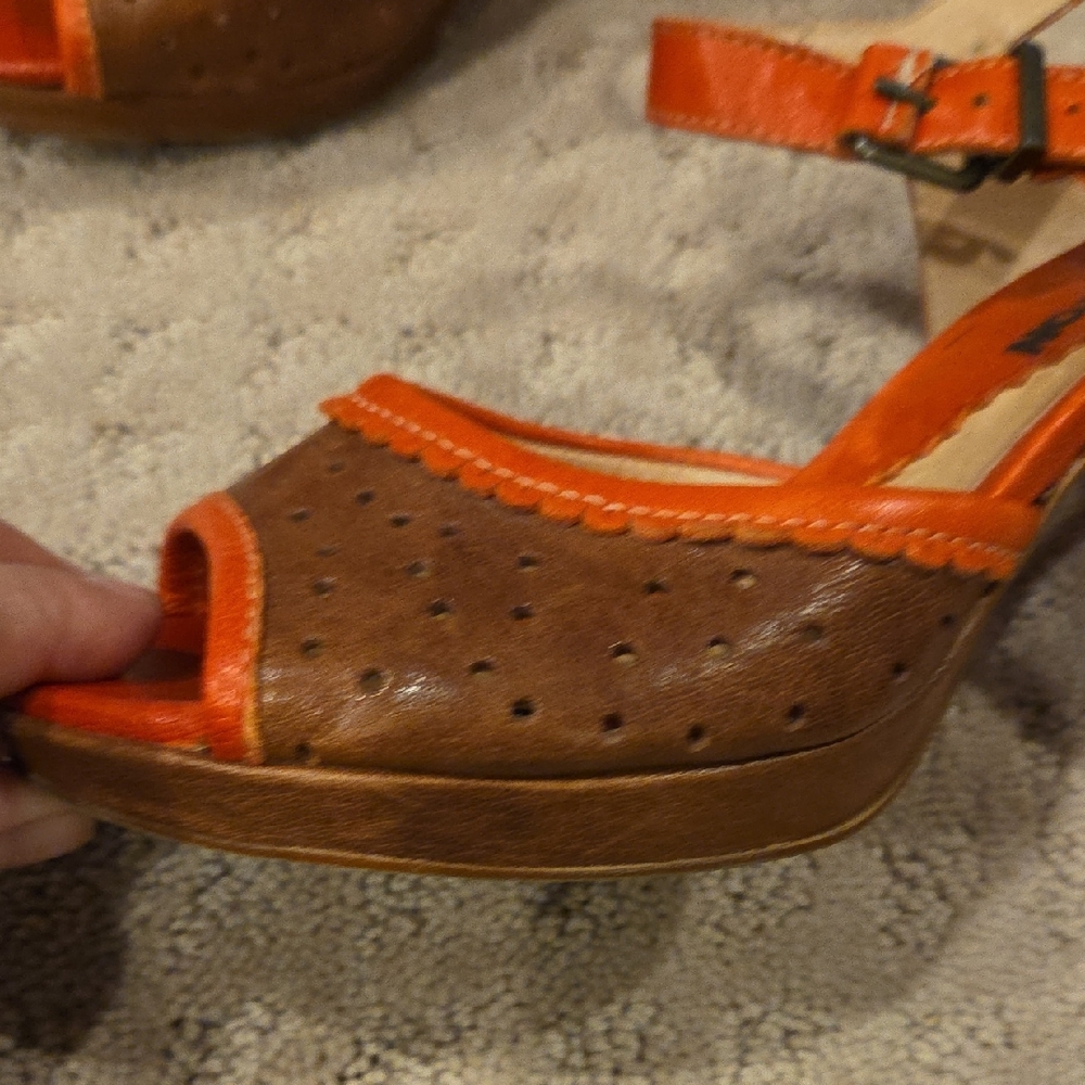 Red and Brown Chunky Heeled Sandals with Ankle Straps - Picture 3 of 8